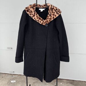 Ellen Tracy Wool-Blend Duster Coat Removable Faux Fur Leopard Collar SZ L
